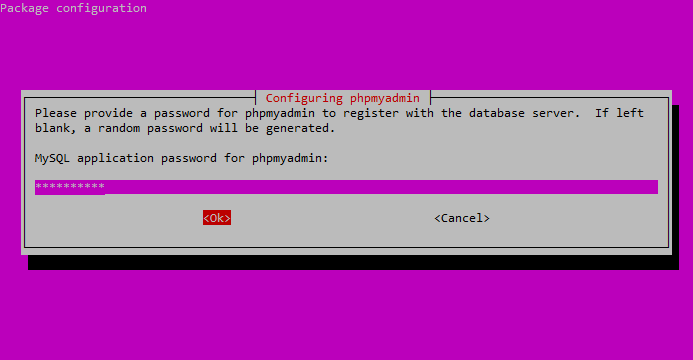 phpMyAdmin Package Configuration Enter phpMyAdmin Password